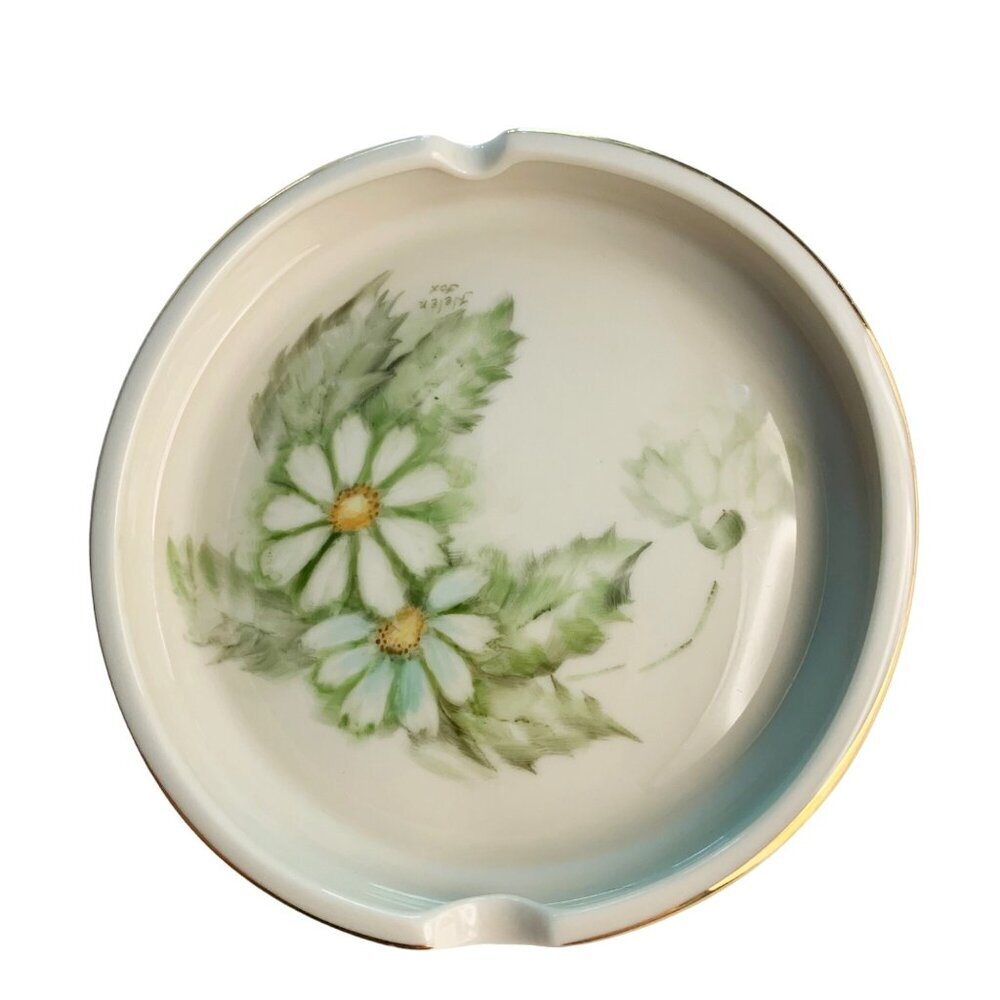 Vintage Fine Arts Floral Daisies Hand Painted Ashtray or Trinket Dish Made in US